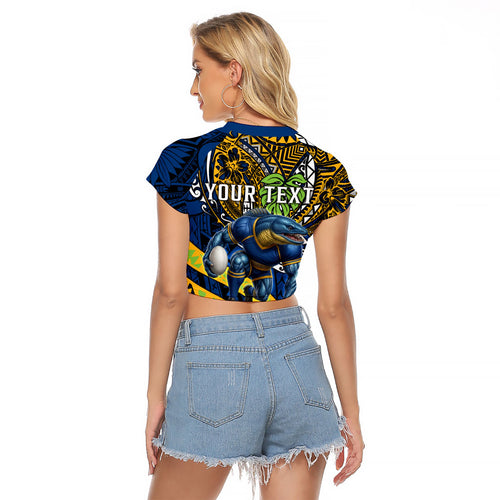 Personalised Parramatta Eels Raglan Cropped T Shirt Polynesian Tribal Art Style With Muscular Eel Mascot