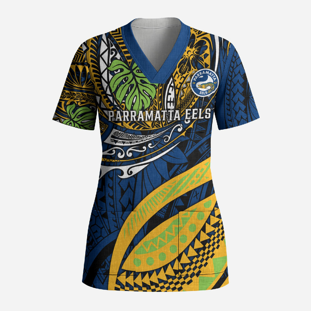 Personalised Parramatta Eels Scrub Top Polynesian Tribal Art Style With Muscular Eel Mascot