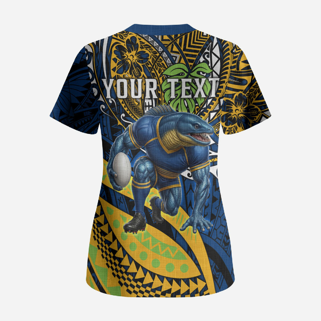 Personalised Parramatta Eels Scrub Top Polynesian Tribal Art Style With Muscular Eel Mascot