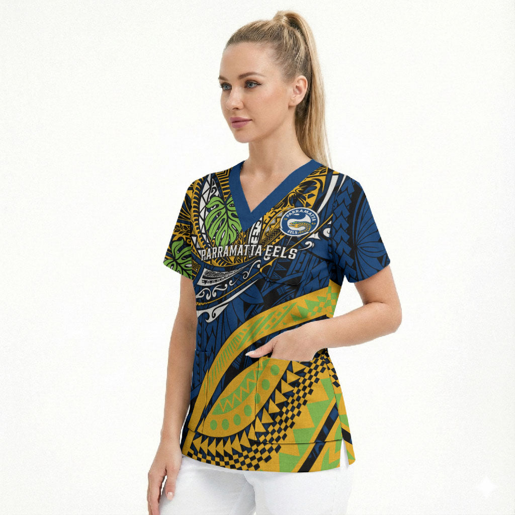 Personalised Parramatta Eels Scrub Top Polynesian Tribal Art Style With Muscular Eel Mascot