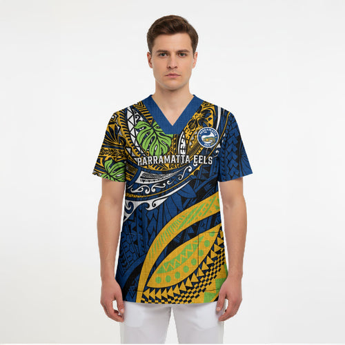 Personalised Parramatta Eels Scrub Top Polynesian Tribal Art Style With Muscular Eel Mascot