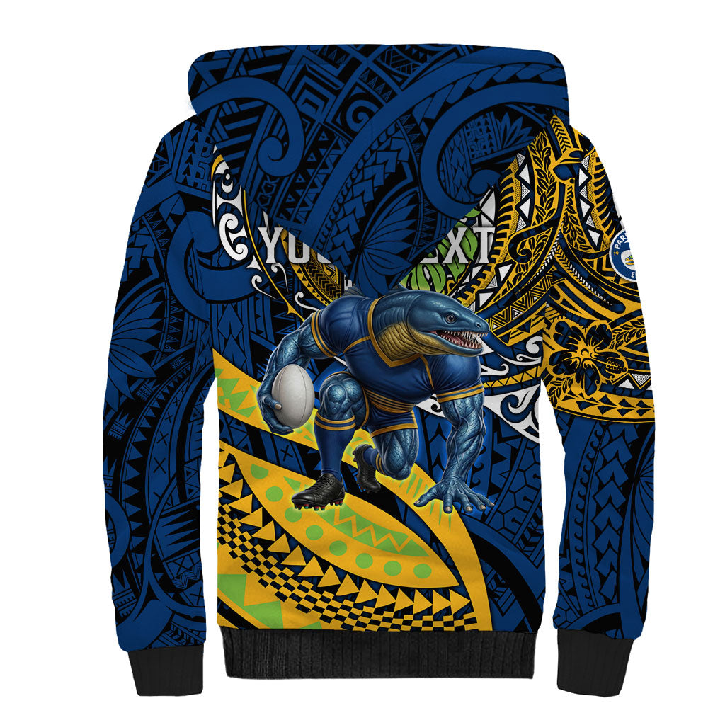 Personalised Parramatta Eels Sherpa Hoodie Polynesian Tribal Art Style With Muscular Eel Mascot