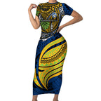 Personalised Parramatta Eels Short Sleeve Bodycon Dress Polynesian Tribal Art Style With Muscular Eel Mascot