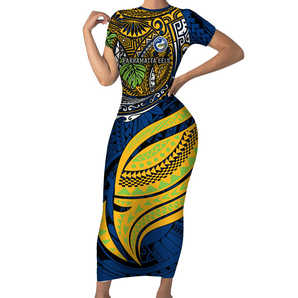 Personalised Parramatta Eels Short Sleeve Bodycon Dress Polynesian Tribal Art Style With Muscular Eel Mascot