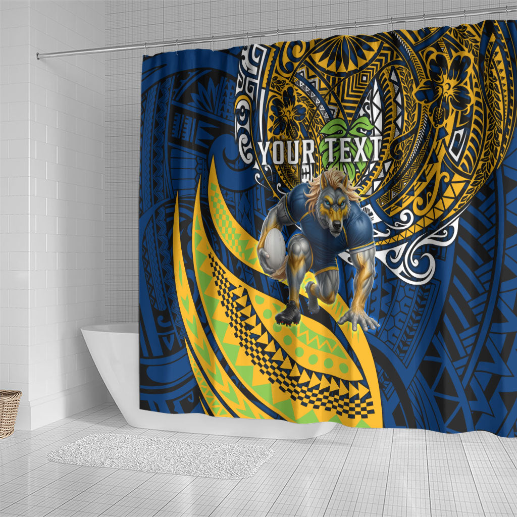 Personalised Parramatta Eels Shower Curtain Polynesian Tribal Art Style With Muscular Eel Mascot