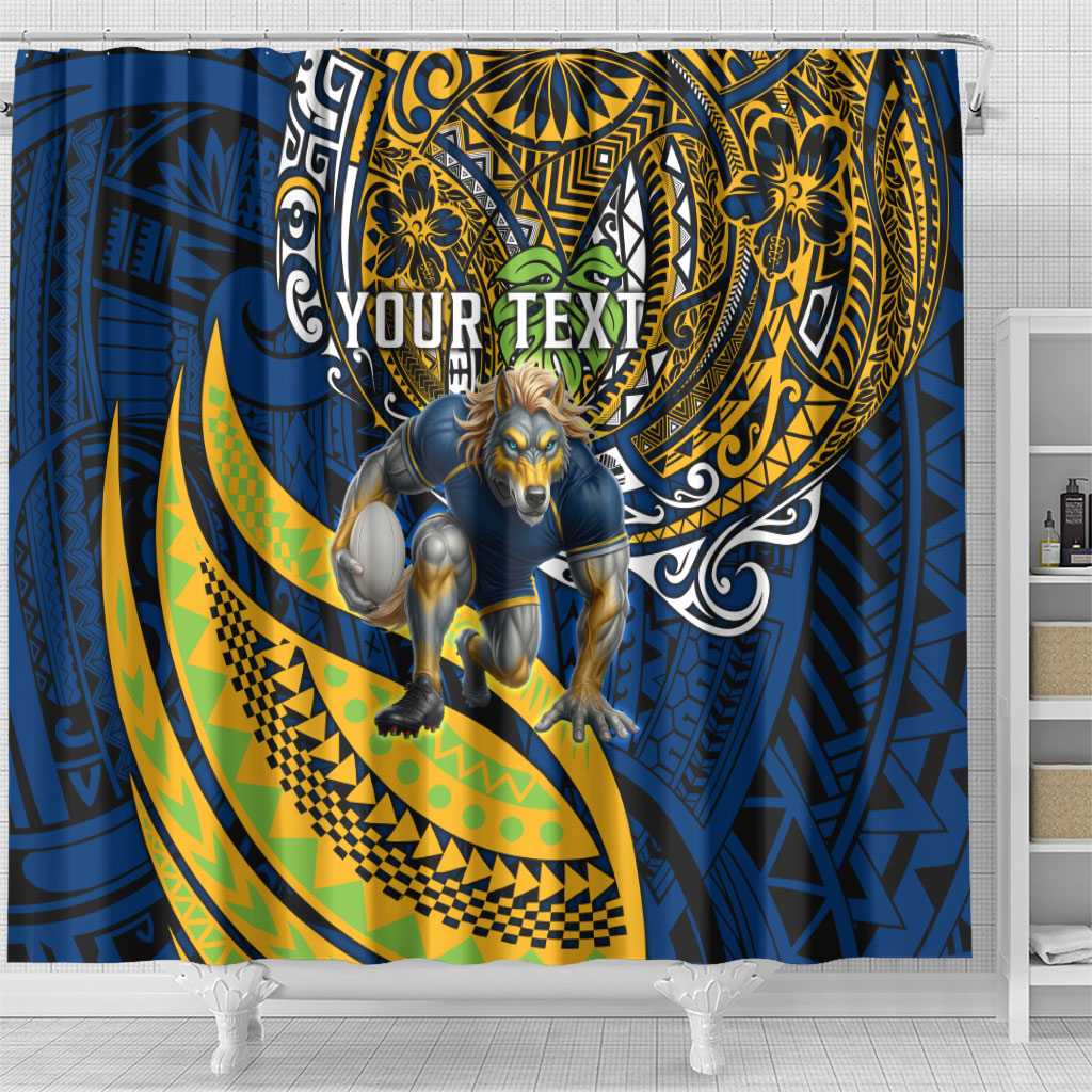 Personalised Parramatta Eels Shower Curtain Polynesian Tribal Art Style With Muscular Eel Mascot