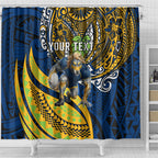 Personalised Parramatta Eels Shower Curtain Polynesian Tribal Art Style With Muscular Eel Mascot