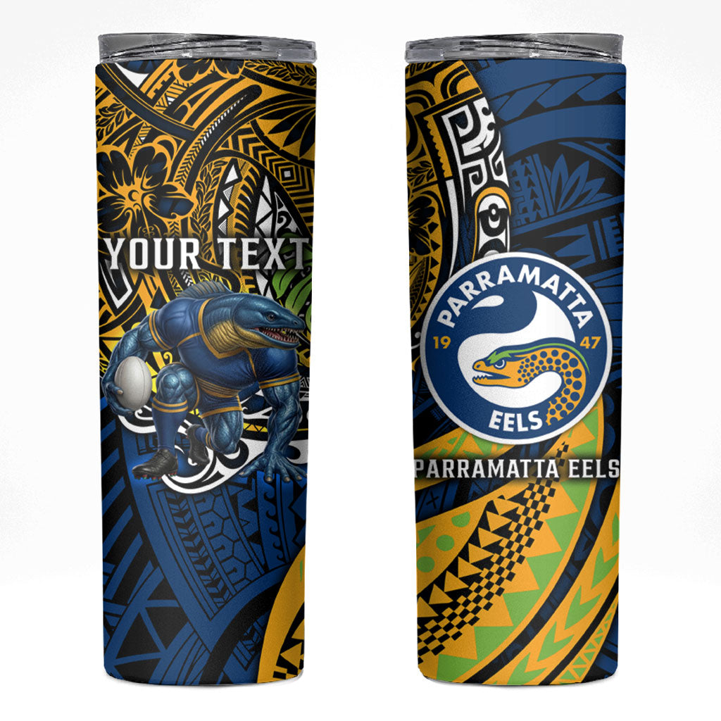 Personalised Parramatta Eels Skinny Tumbler Polynesian Tribal Art Style With Muscular Eel Mascot