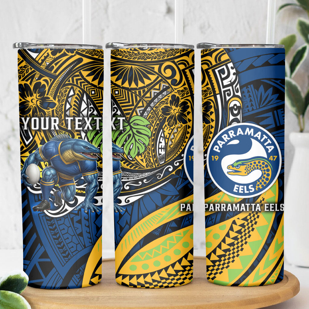 Personalised Parramatta Eels Skinny Tumbler Polynesian Tribal Art Style With Muscular Eel Mascot