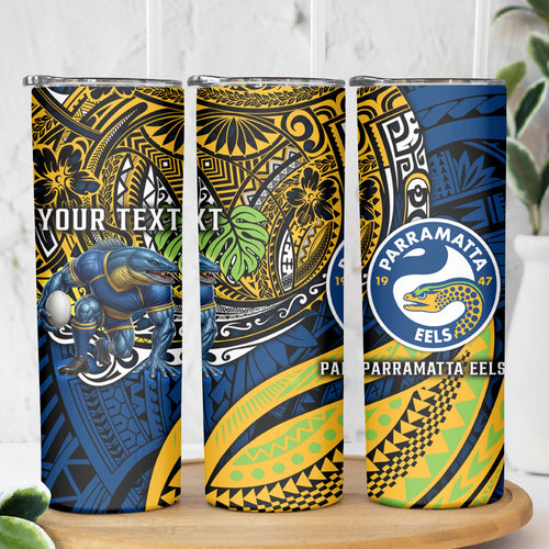Personalised Parramatta Eels Skinny Tumbler Polynesian Tribal Art Style With Muscular Eel Mascot