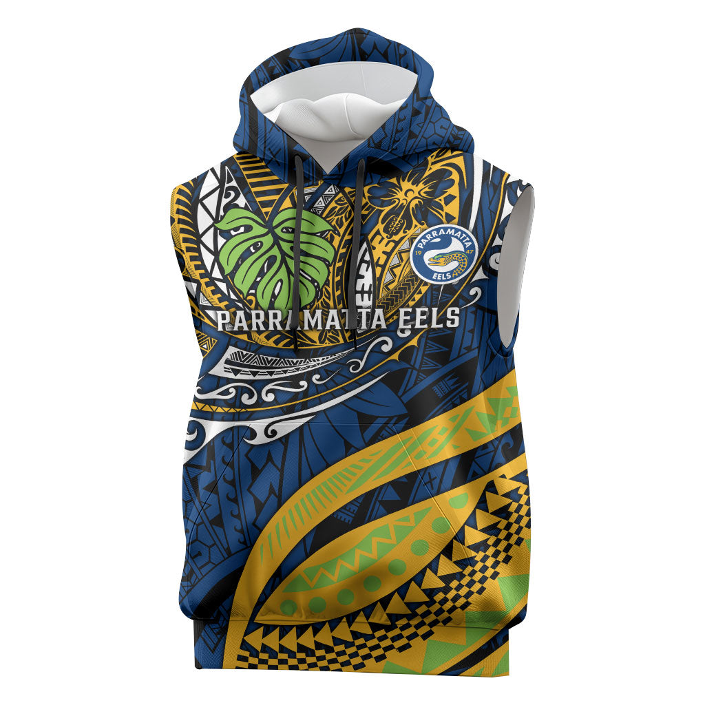 Personalised Parramatta Eels Sleeveless Hoodie Polynesian Tribal Art Style With Muscular Eel Mascot
