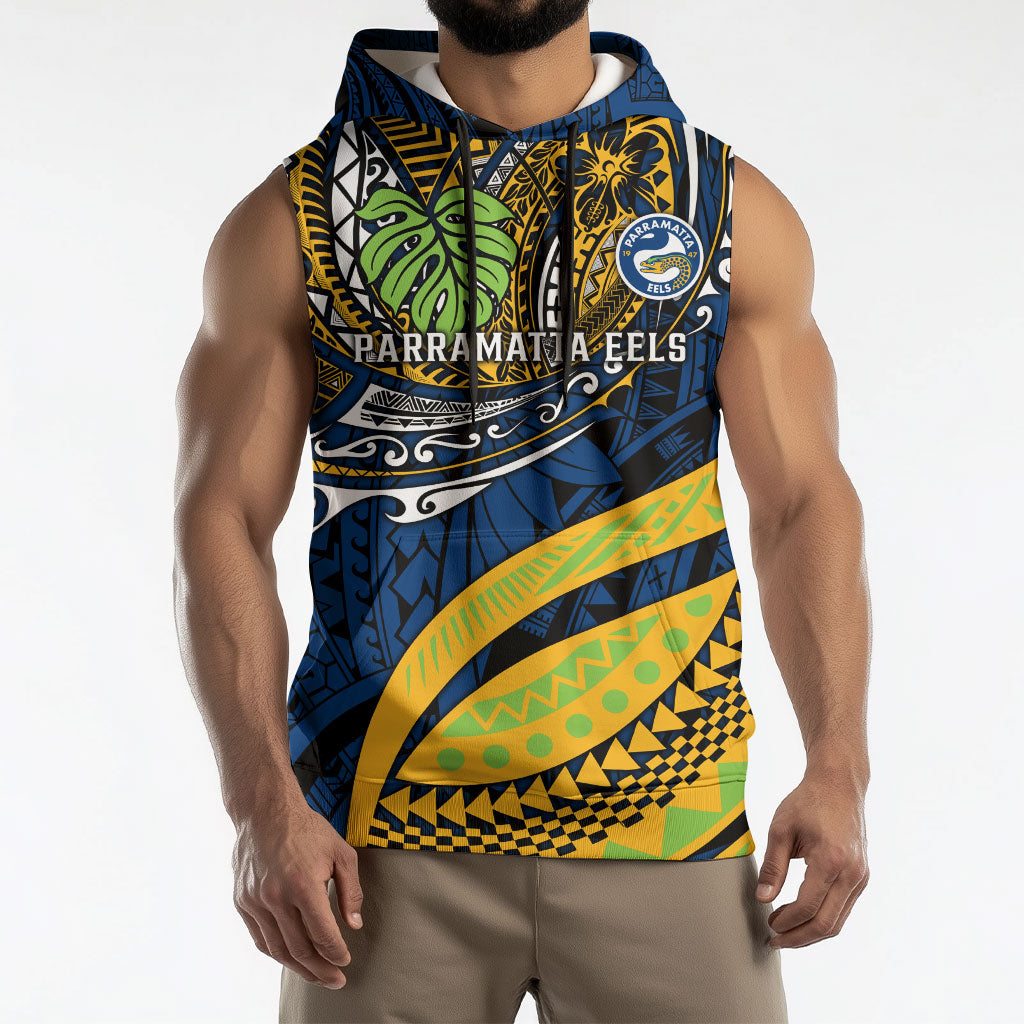 Personalised Parramatta Eels Sleeveless Hoodie Polynesian Tribal Art Style With Muscular Eel Mascot