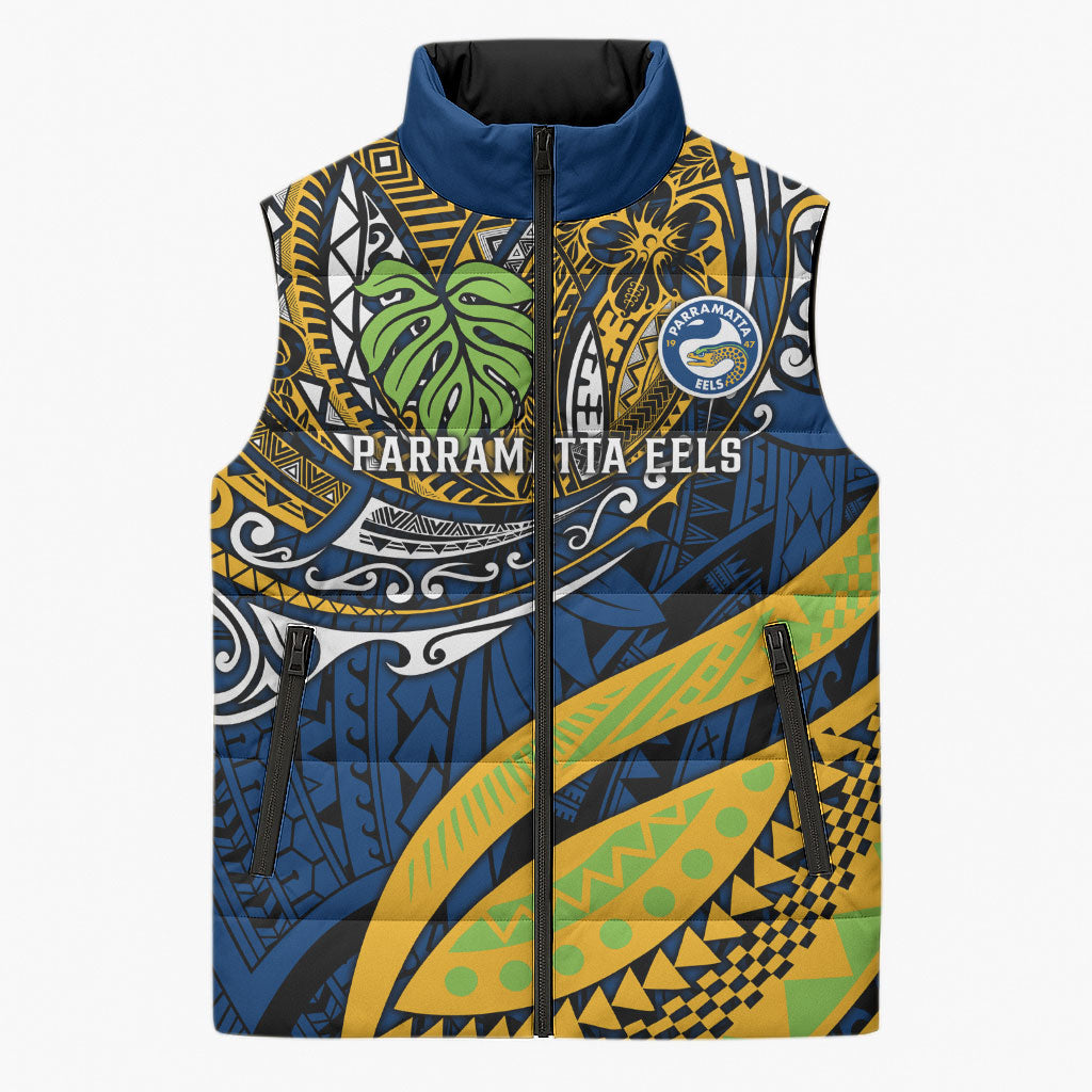 Personalised Parramatta Eels Sleeveless Puffer Jacket Polynesian Tribal Art Style With Muscular Eel Mascot