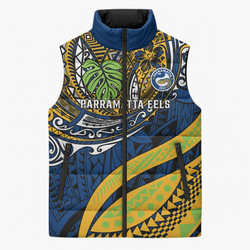 Personalised Parramatta Eels Sleeveless Puffer Jacket Polynesian Tribal Art Style With Muscular Eel Mascot