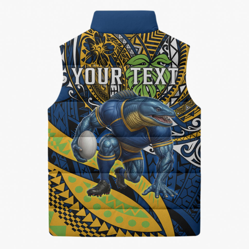 Personalised Parramatta Eels Sleeveless Puffer Jacket Polynesian Tribal Art Style With Muscular Eel Mascot