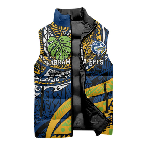 Personalised Parramatta Eels Sleeveless Puffer Jacket Polynesian Tribal Art Style With Muscular Eel Mascot