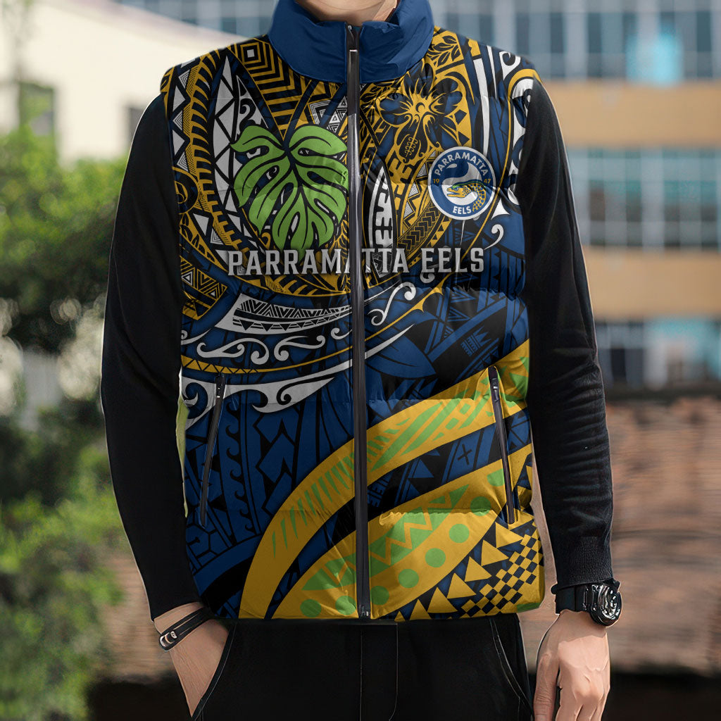 Personalised Parramatta Eels Sleeveless Puffer Jacket Polynesian Tribal Art Style With Muscular Eel Mascot
