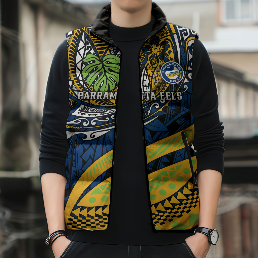 Personalised Parramatta Eels Sleeveless Puffer Jacket Polynesian Tribal Art Style With Muscular Eel Mascot