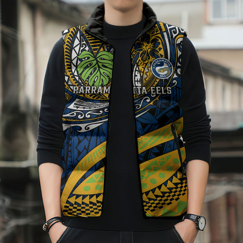 Personalised Parramatta Eels Sleeveless Puffer Jacket Polynesian Tribal Art Style With Muscular Eel Mascot