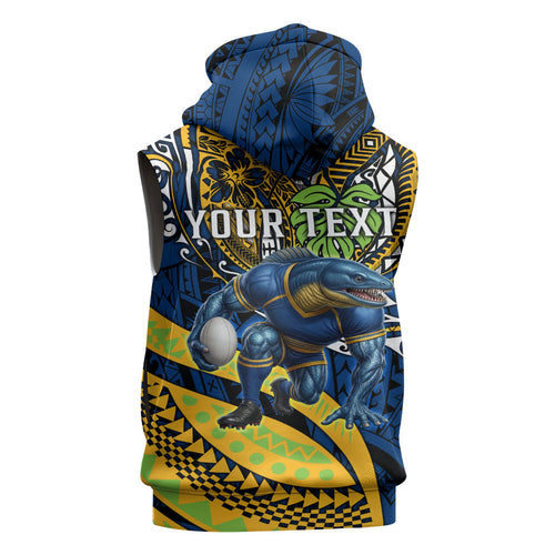 Personalised Parramatta Eels Sleeveless Zip Hoodie Polynesian Tribal Art Style With Muscular Eel Mascot