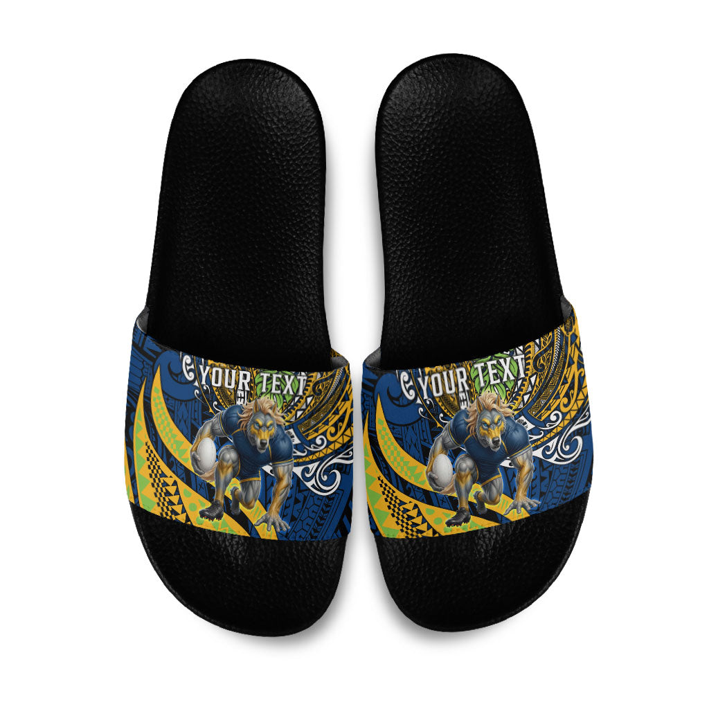 Personalised Parramatta Eels Slide Sandals Polynesian Tribal Art Style With Muscular Eel Mascot