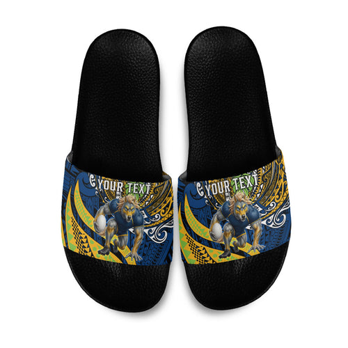 Personalised Parramatta Eels Slide Sandals Polynesian Tribal Art Style With Muscular Eel Mascot