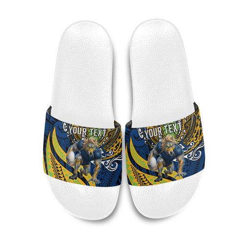 Personalised Parramatta Eels Slide Sandals Polynesian Tribal Art Style With Muscular Eel Mascot