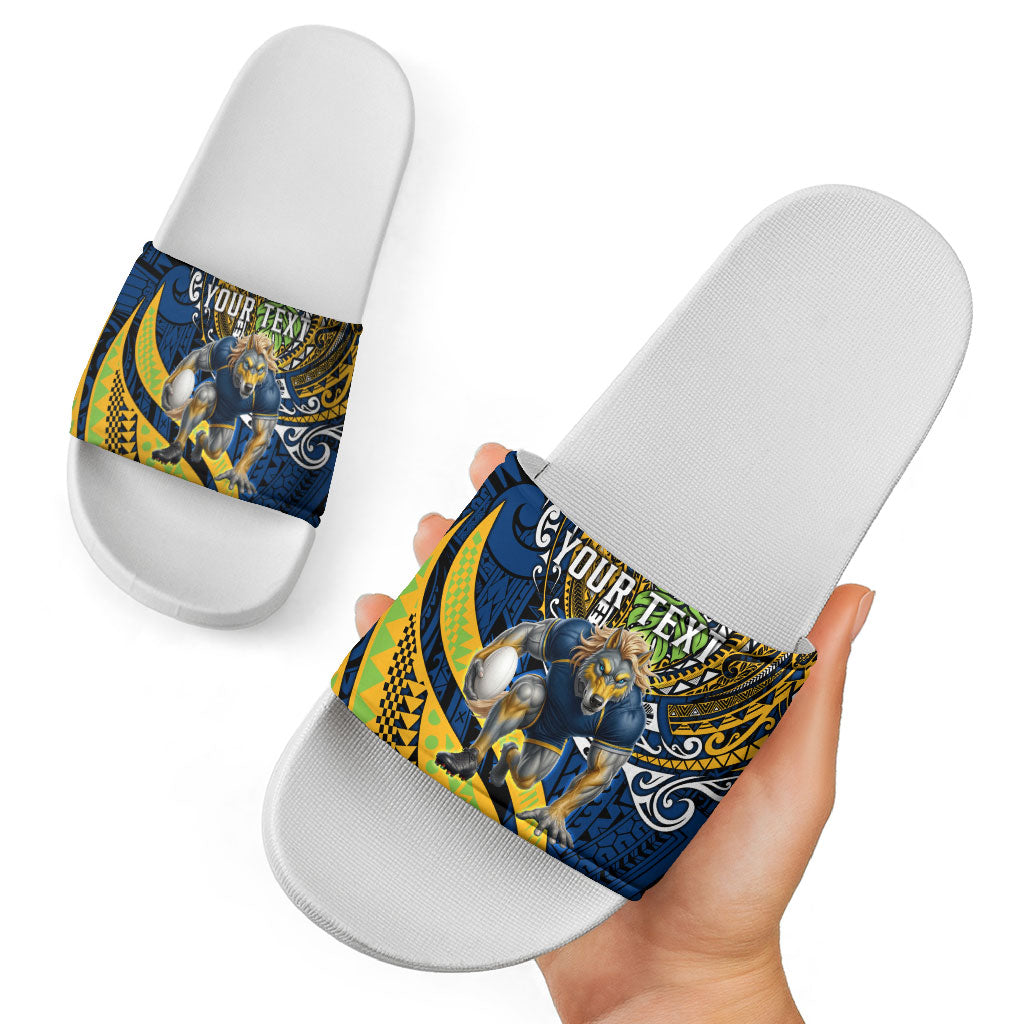 Personalised Parramatta Eels Slide Sandals Polynesian Tribal Art Style With Muscular Eel Mascot