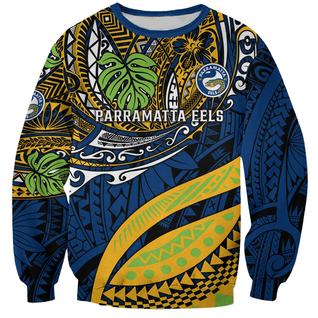 Personalised Parramatta Eels Sweatshirt Polynesian Tribal Art Style With Muscular Eel Mascot