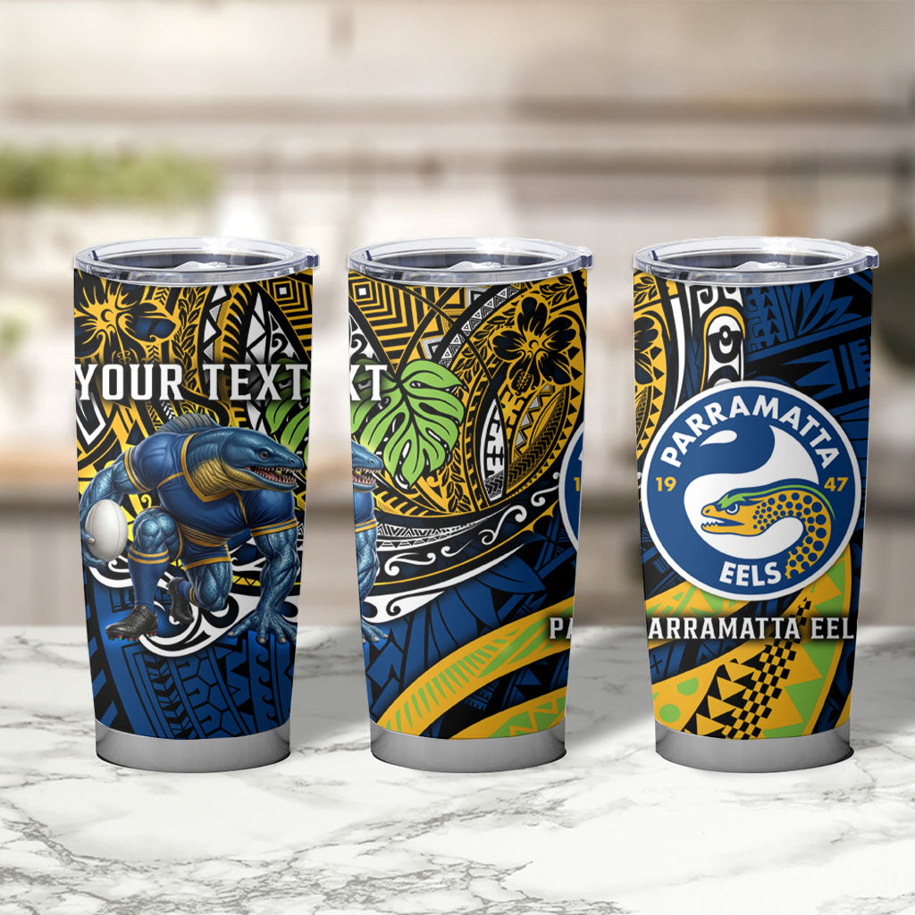 Personalised Parramatta Eels Tumbler Cup Polynesian Tribal Art Style With Muscular Eel Mascot