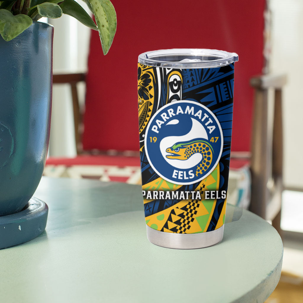 Personalised Parramatta Eels Tumbler Cup Polynesian Tribal Art Style With Muscular Eel Mascot