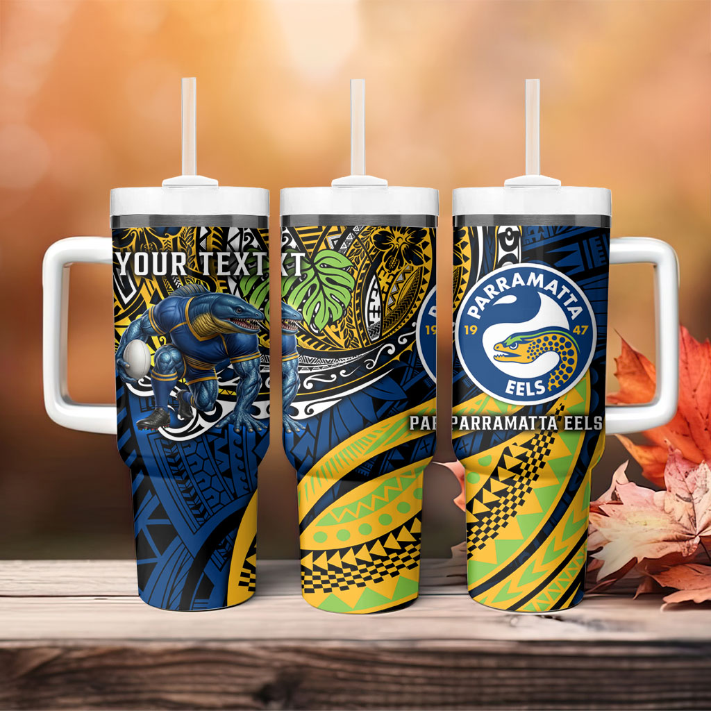 Personalised Parramatta Eels Tumbler With Handle Polynesian Tribal Art Style With Muscular Eel Mascot