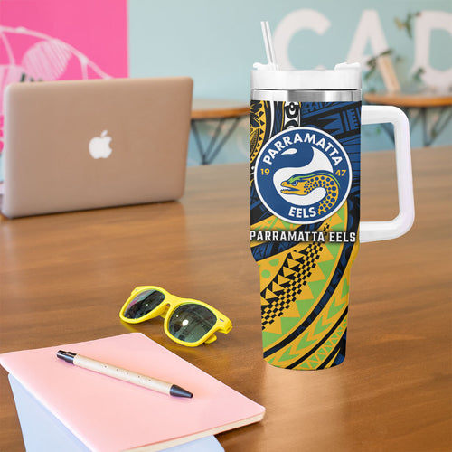 Personalised Parramatta Eels Tumbler With Handle Polynesian Tribal Art Style With Muscular Eel Mascot