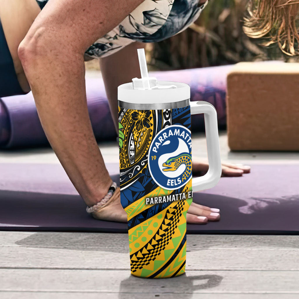 Personalised Parramatta Eels Tumbler With Handle Polynesian Tribal Art Style With Muscular Eel Mascot