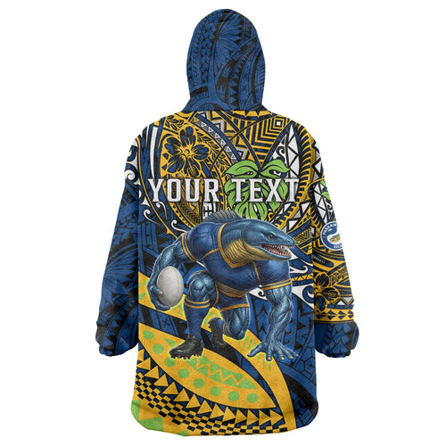 Personalised Parramatta Eels Wearable Blanket Hoodie Polynesian Tribal Art Style With Muscular Eel Mascot