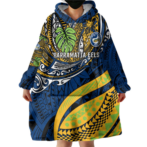 Personalised Parramatta Eels Wearable Blanket Hoodie Polynesian Tribal Art Style With Muscular Eel Mascot