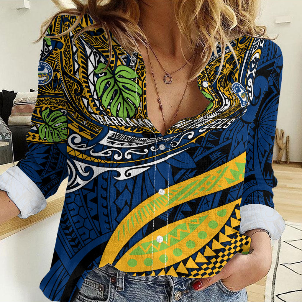 Personalised Parramatta Eels Women Casual Shirt Polynesian Tribal Art Style With Muscular Eel Mascot