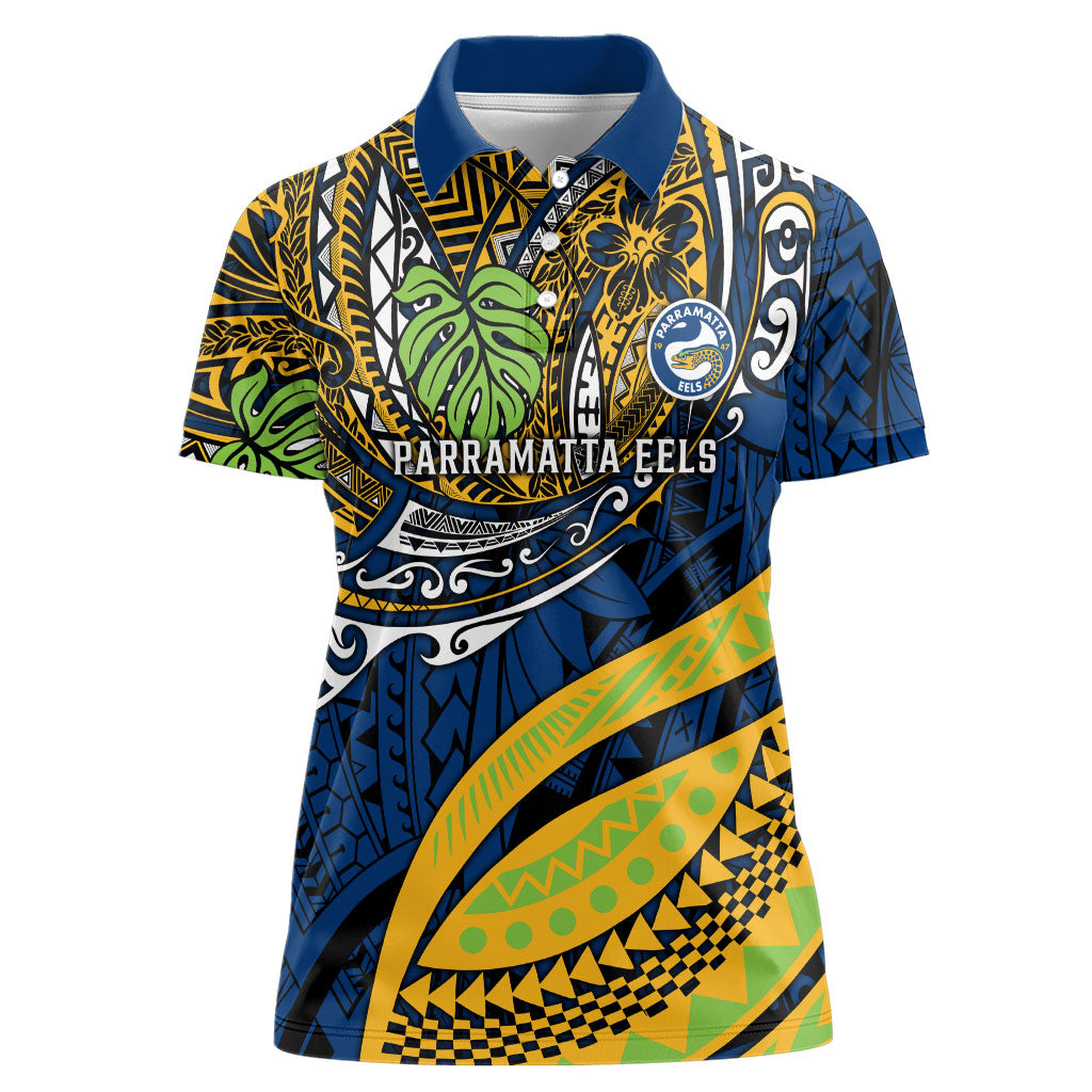 Personalised Parramatta Eels Women Polo Shirt Polynesian Tribal Art Style With Muscular Eel Mascot