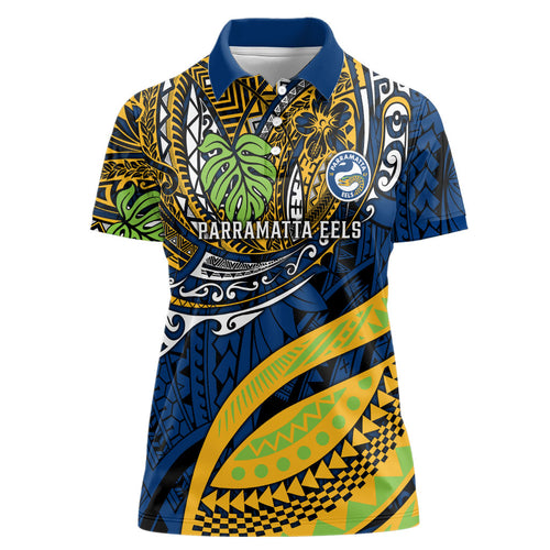 Personalised Parramatta Eels Women Polo Shirt Polynesian Tribal Art Style With Muscular Eel Mascot