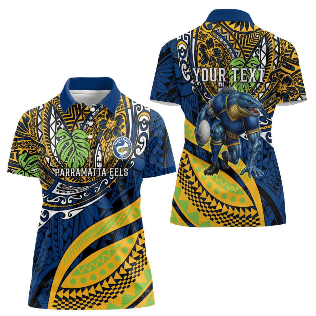 Personalised Parramatta Eels Women Polo Shirt Polynesian Tribal Art Style With Muscular Eel Mascot