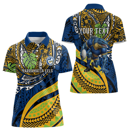 Personalised Parramatta Eels Women Polo Shirt Polynesian Tribal Art Style With Muscular Eel Mascot