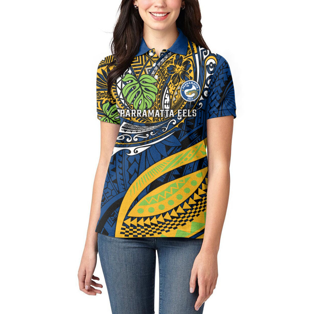Personalised Parramatta Eels Women Polo Shirt Polynesian Tribal Art Style With Muscular Eel Mascot