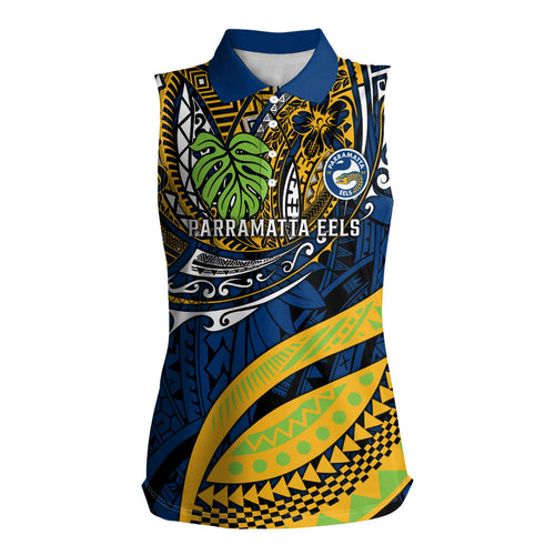 Personalised Parramatta Eels Women Sleeveless Polo Shirt Polynesian Tribal Art Style With Muscular Eel Mascot