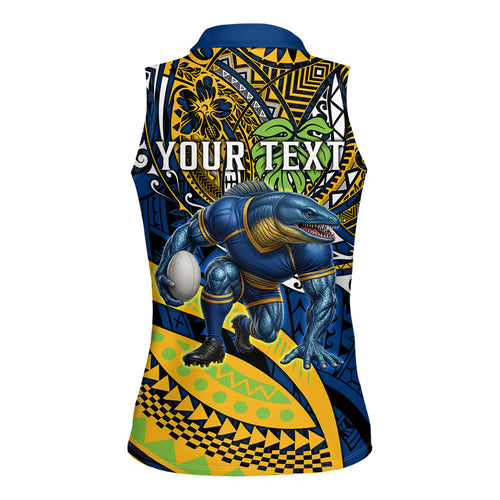 Personalised Parramatta Eels Women Sleeveless Polo Shirt Polynesian Tribal Art Style With Muscular Eel Mascot