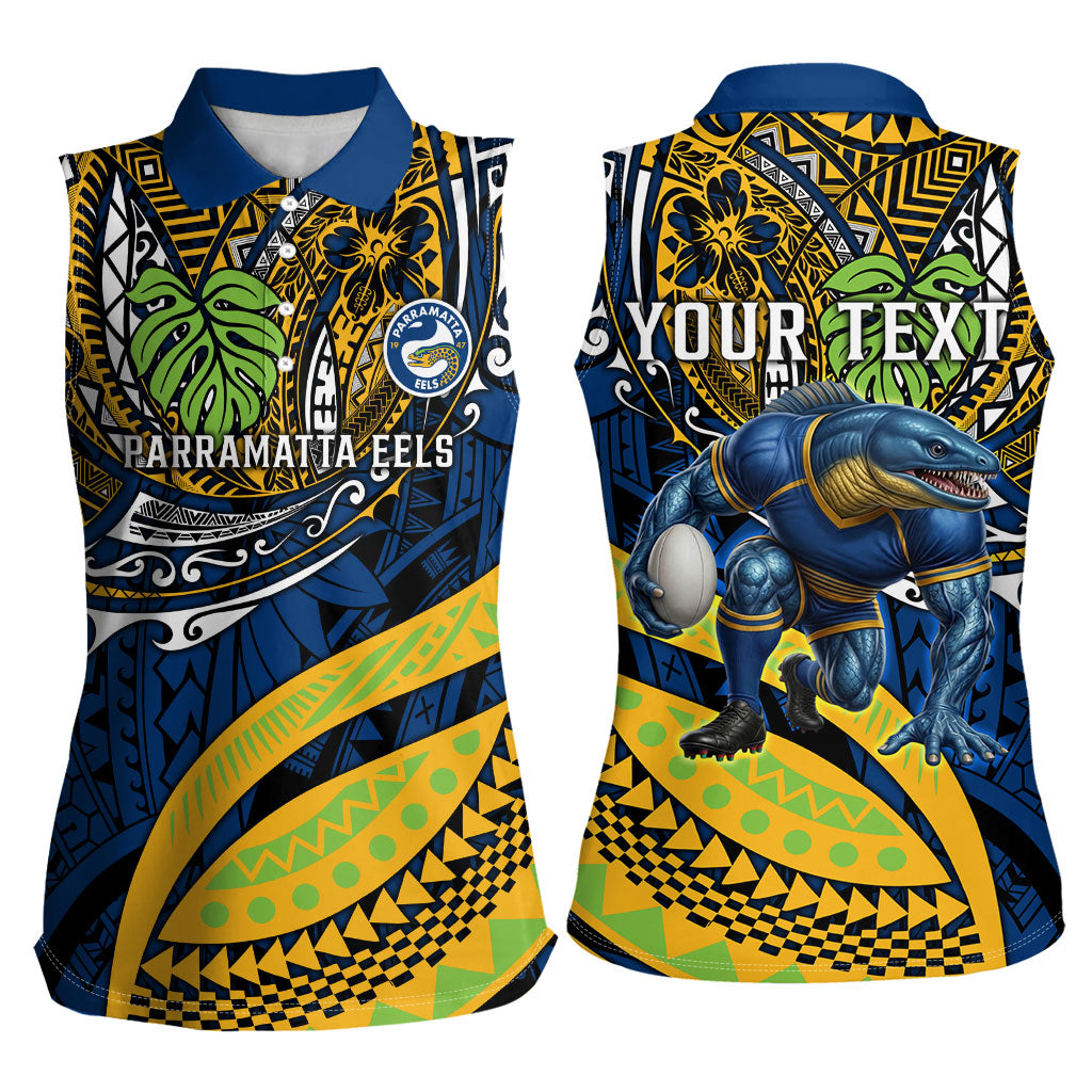 Personalised Parramatta Eels Women Sleeveless Polo Shirt Polynesian Tribal Art Style With Muscular Eel Mascot