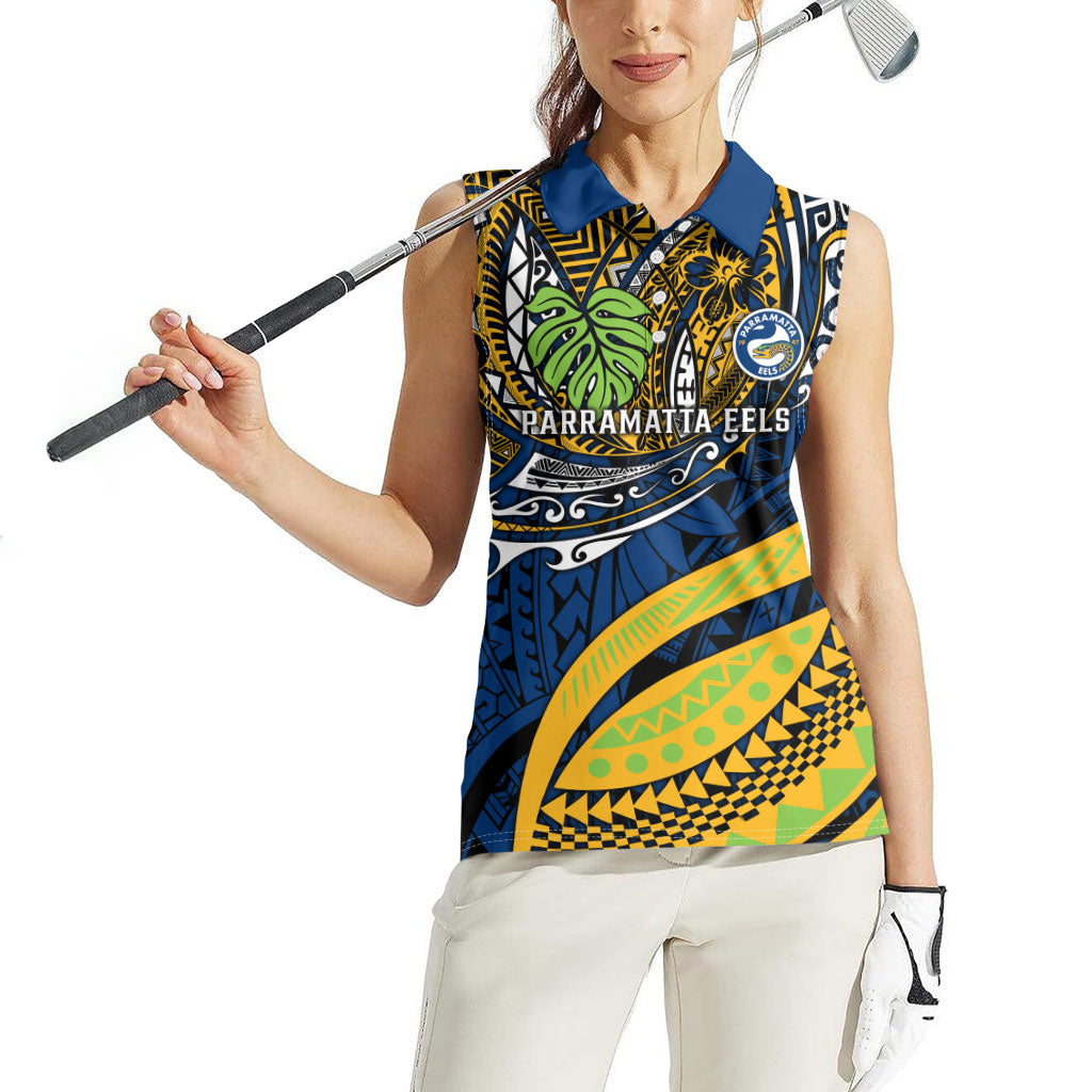 Personalised Parramatta Eels Women Sleeveless Polo Shirt Polynesian Tribal Art Style With Muscular Eel Mascot