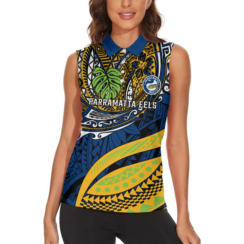 Personalised Parramatta Eels Women Sleeveless Polo Shirt Polynesian Tribal Art Style With Muscular Eel Mascot