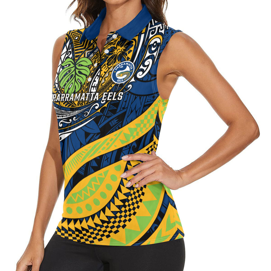 Personalised Parramatta Eels Women Sleeveless Polo Shirt Polynesian Tribal Art Style With Muscular Eel Mascot