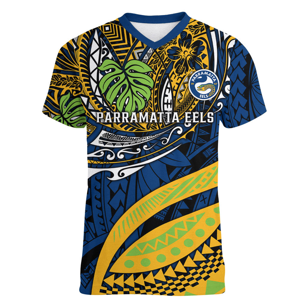 Personalised Parramatta Eels Women V-Neck T-Shirt Polynesian Tribal Art Style With Muscular Eel Mascot