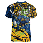 Personalised Parramatta Eels Women V-Neck T-Shirt Polynesian Tribal Art Style With Muscular Eel Mascot